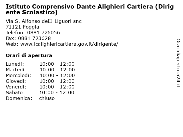 Orari di apertura Istituto Comprensivo Dante Alighieri